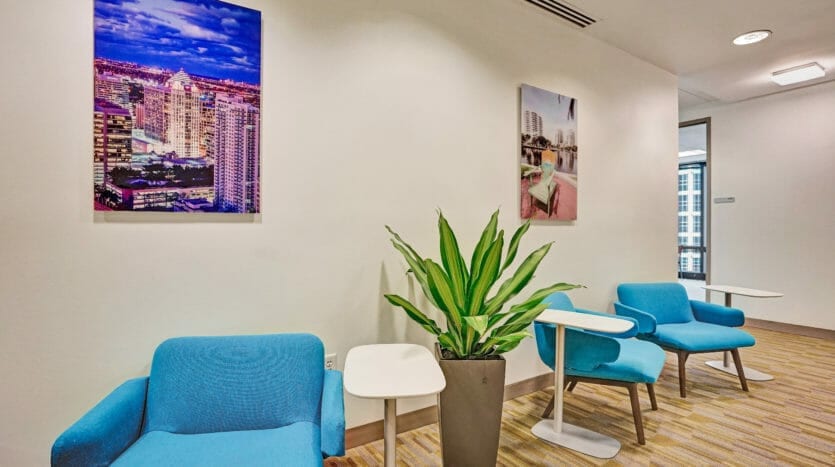 Front waiting area at coworking space at 401 East Las Olas Boulevard