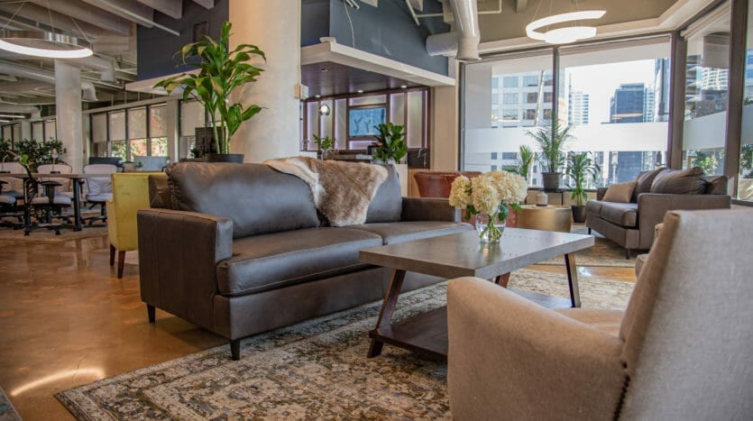Comfy couches in the coworking area at 1001 Wilshire Boulevard